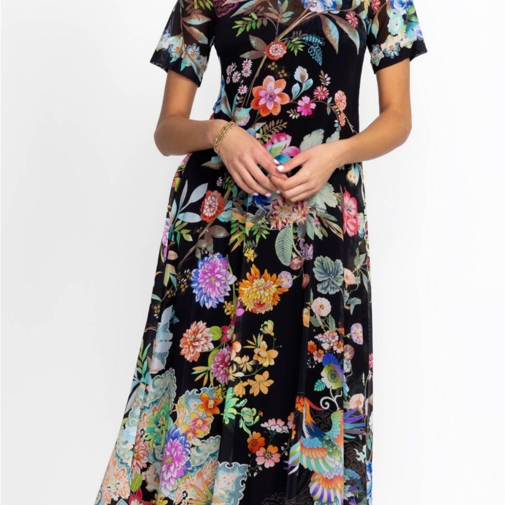 Johnny Was Black Floral Midi Dress